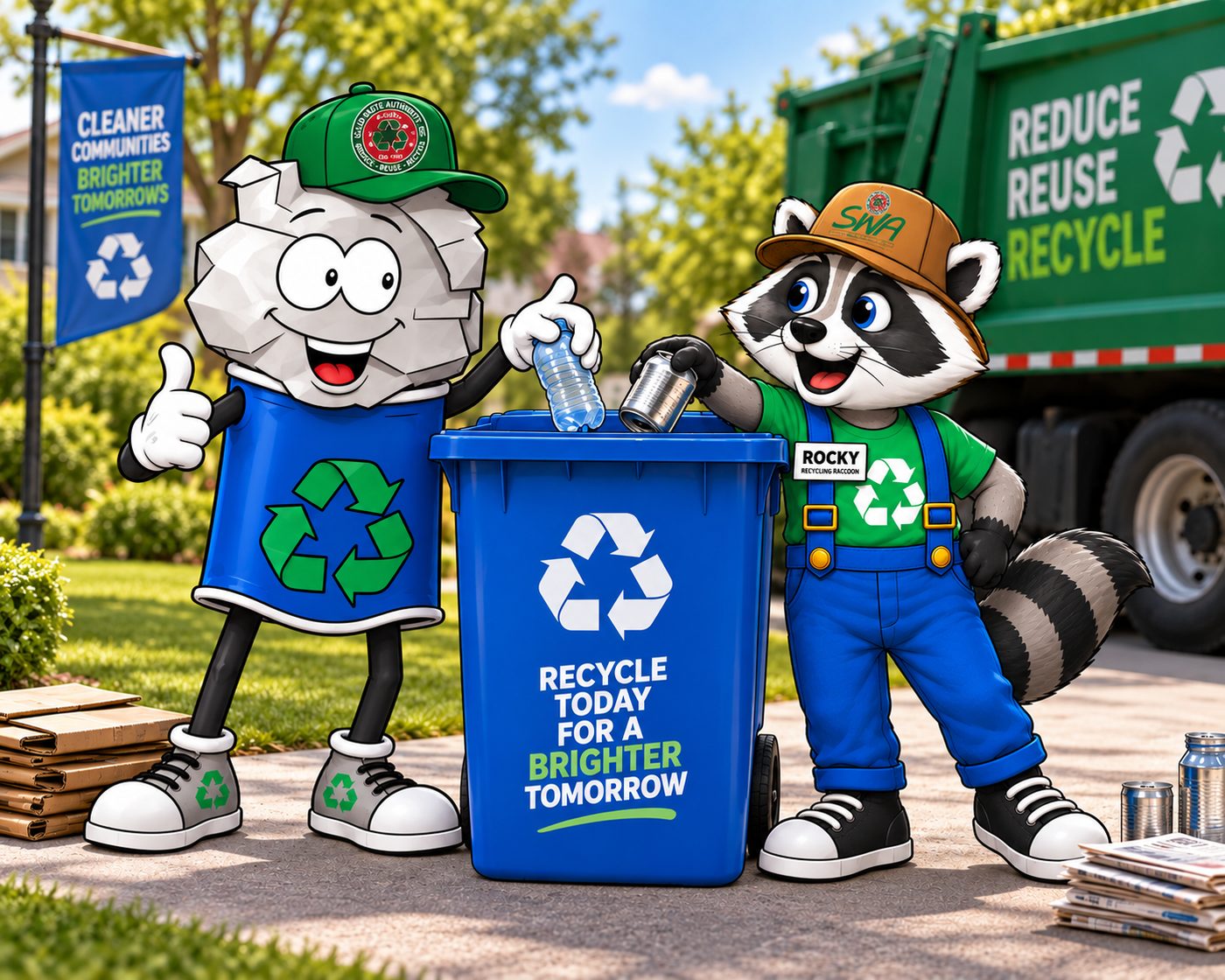 Bruce Refuse and Rocky the Recycling Raccoon filling a blue recycling cart at the curb