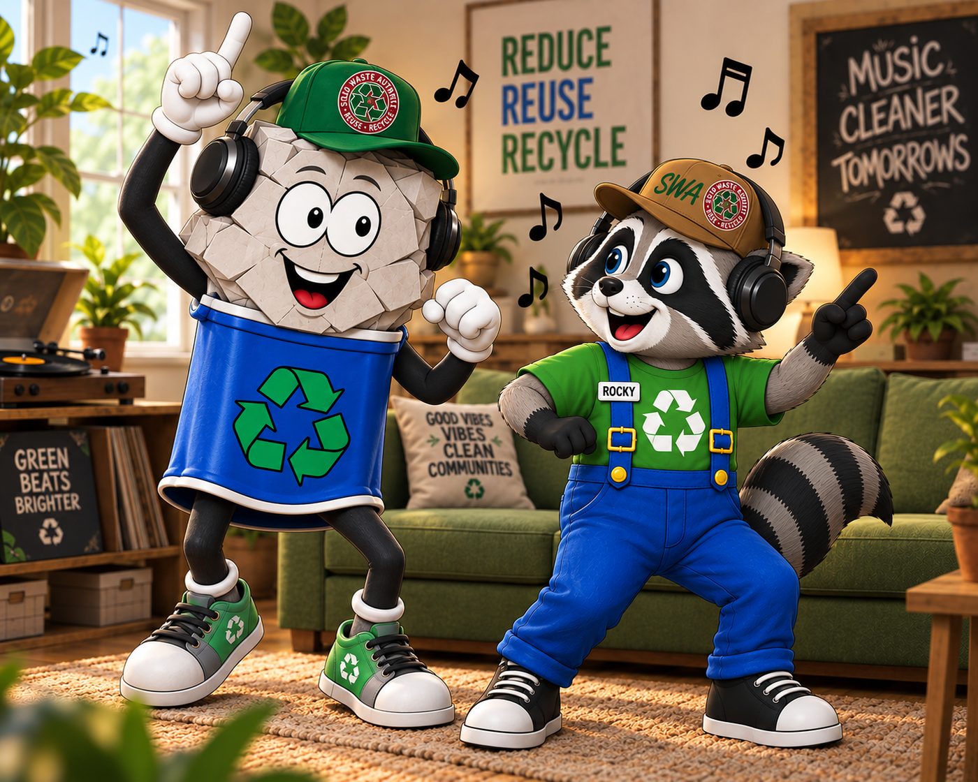 Bruce Refuse and Rocky the Recycling Raccoon dancing in headphones while the theme song plays