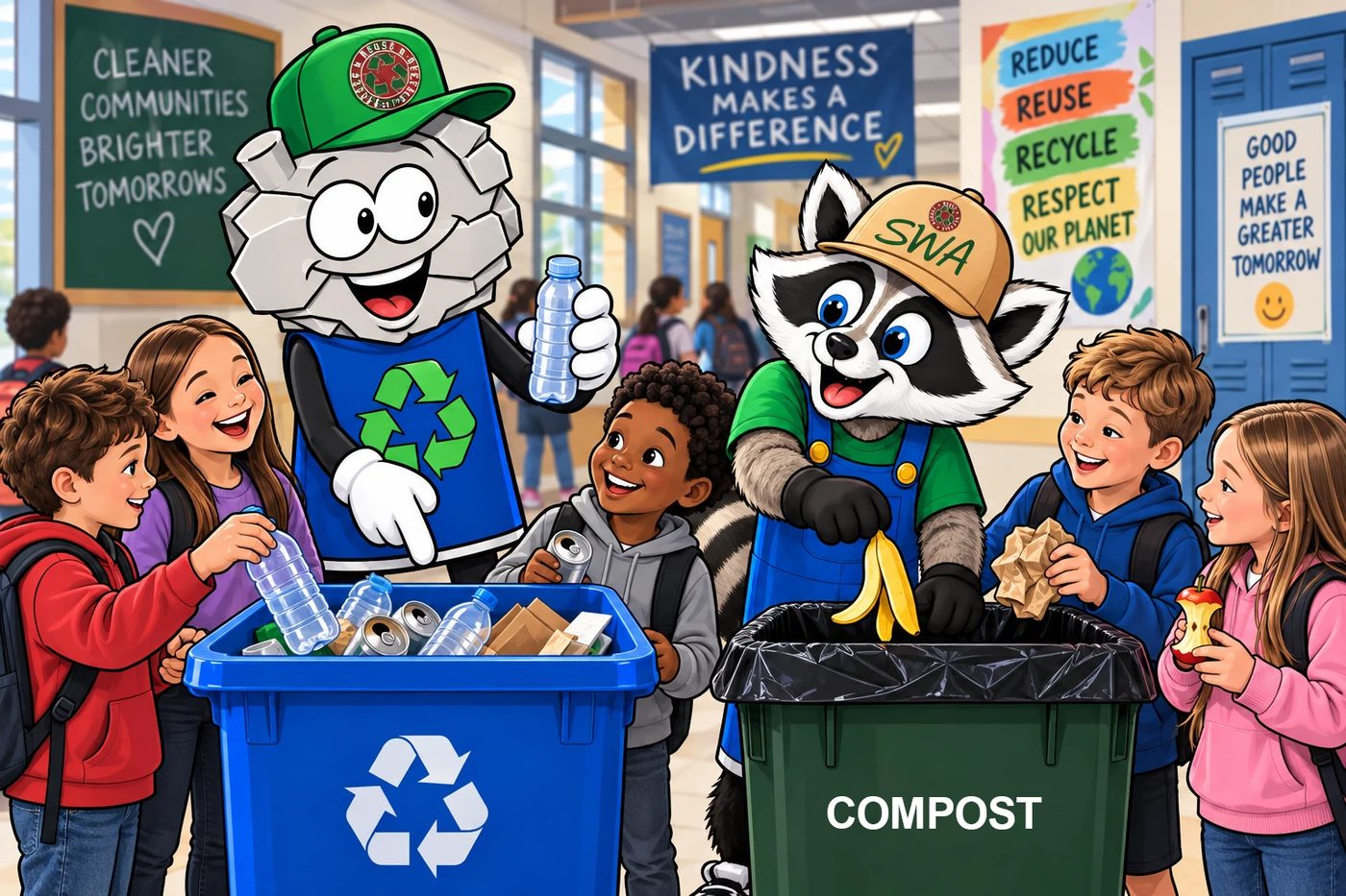 Bruce Refuse and Rocky the Recycling Raccoon sorting recycling and compost into bins with a group of students